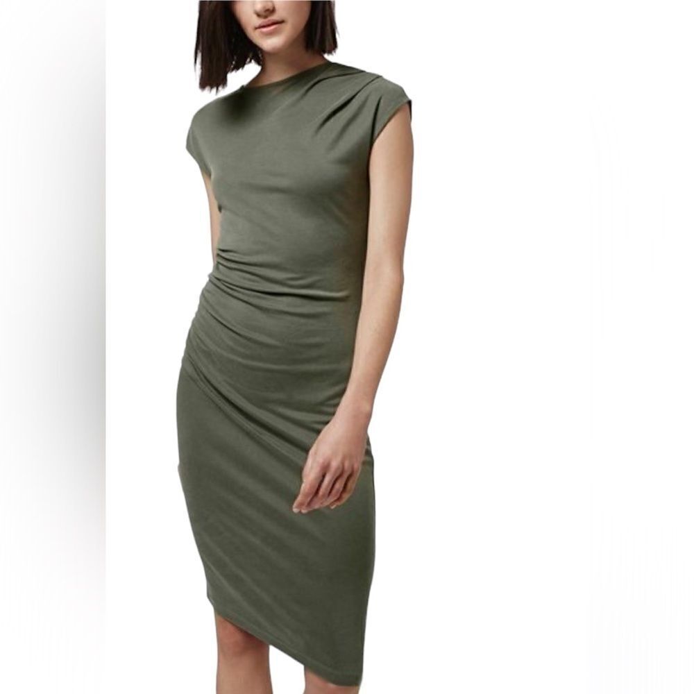 Topshop Asymmetric Slinky Drape Midi Dress in Olive Green Size 2